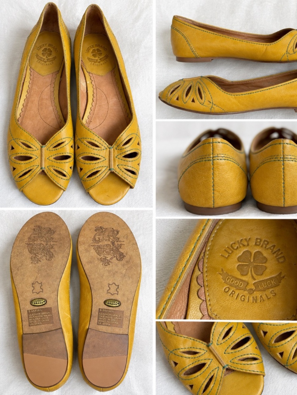 Lucky Brand Birra Mustard Yellow Leather Cutout Flats Size 8.5